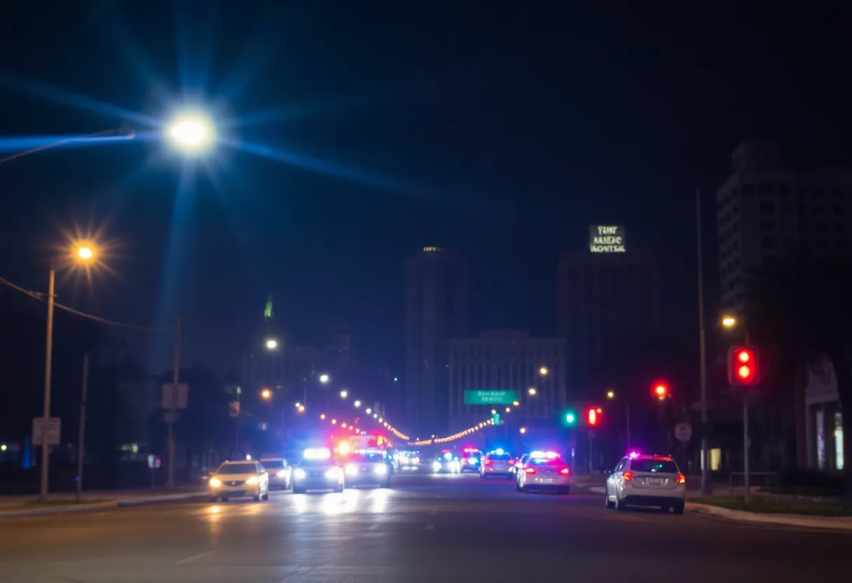 Police lights illuminating a downtown San Diego street at night.
