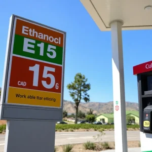 E15 fuel sign at a California gas station