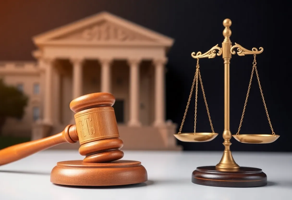 A gavel, city council building, and scales of justice representing government ethics.
