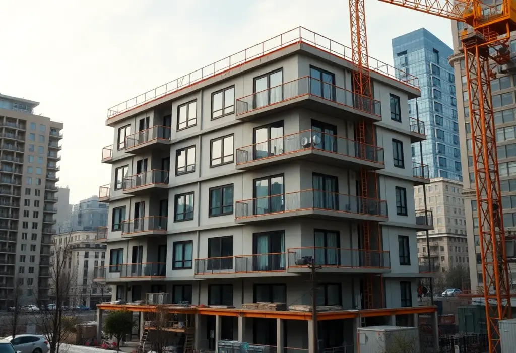 Factory-built apartment complex under construction in San Diego.