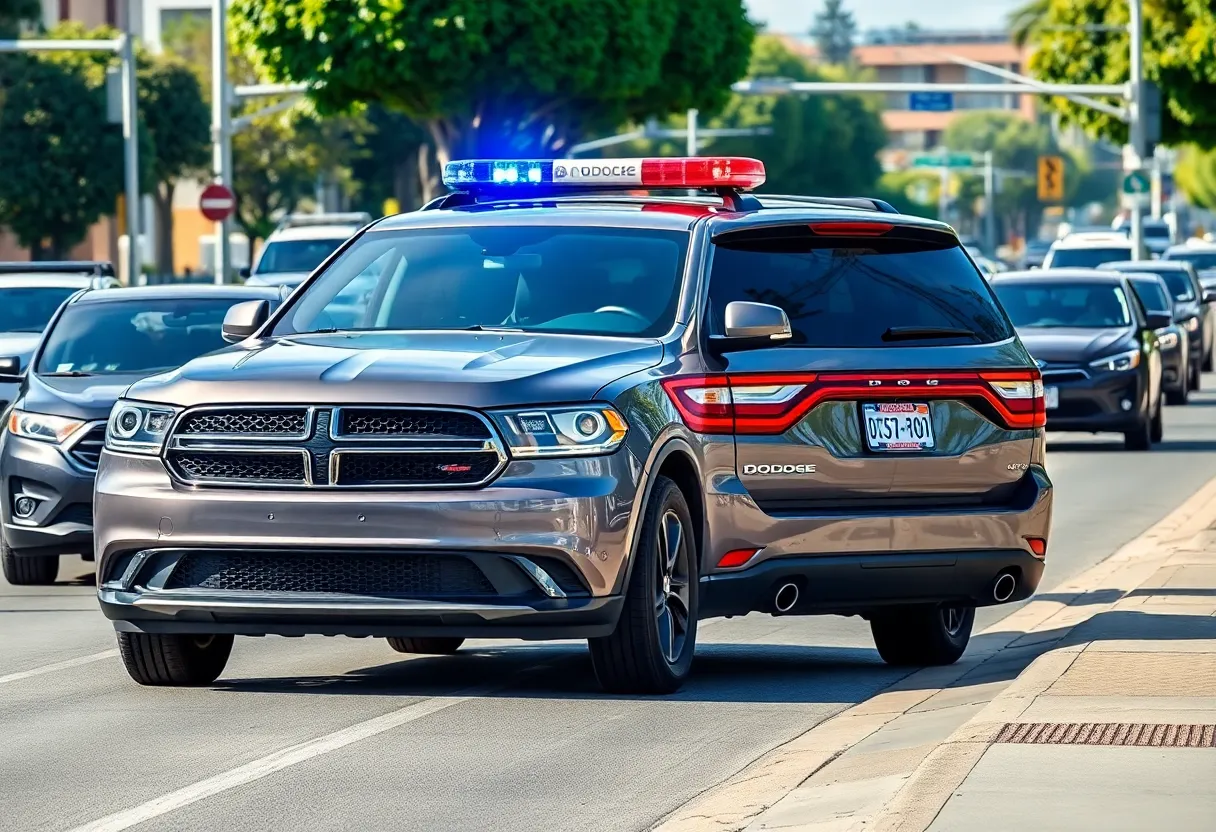 Gray Dodge Durango with police lights in San Diego