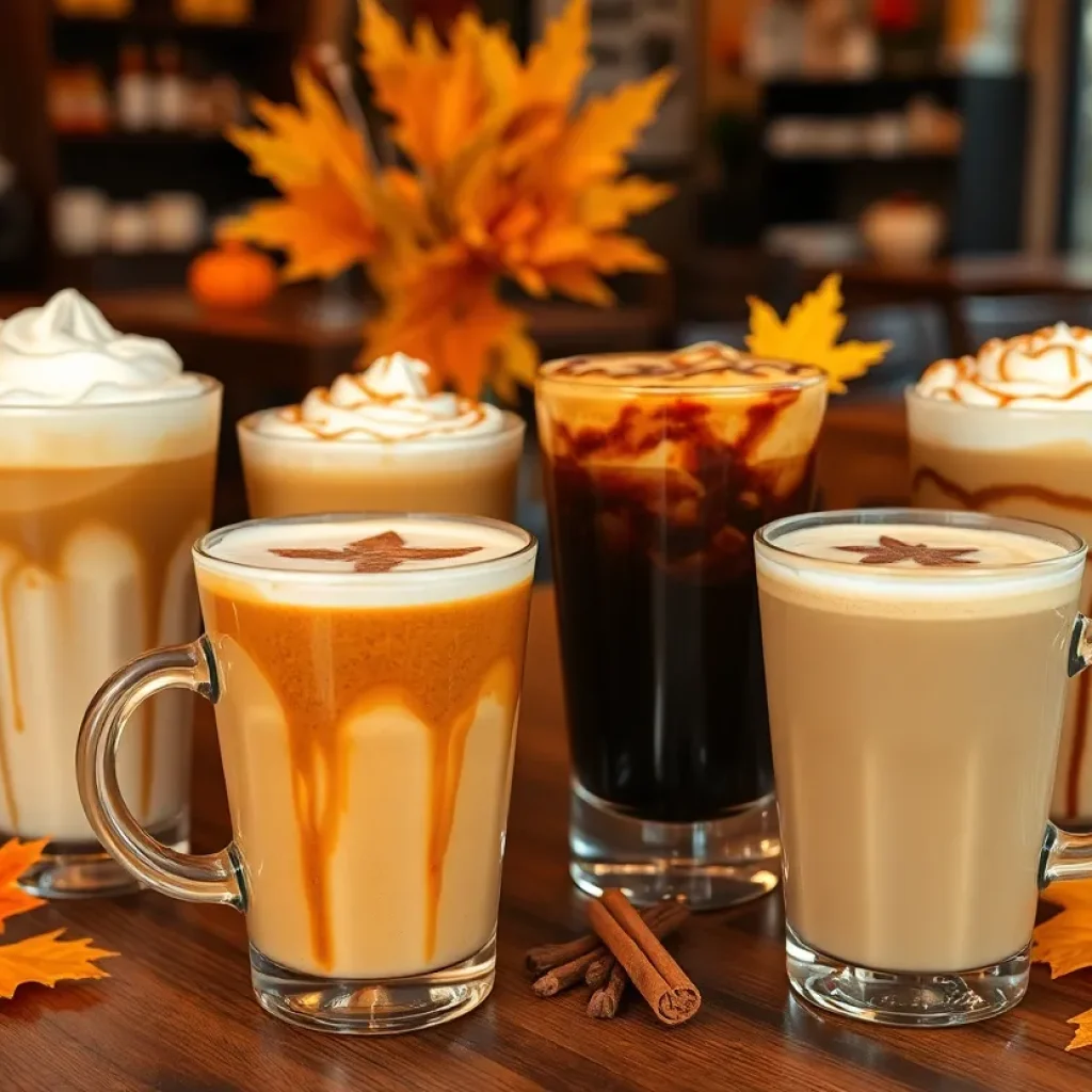 A table filled with fall-themed coffee drinks from San Diego coffee shops.