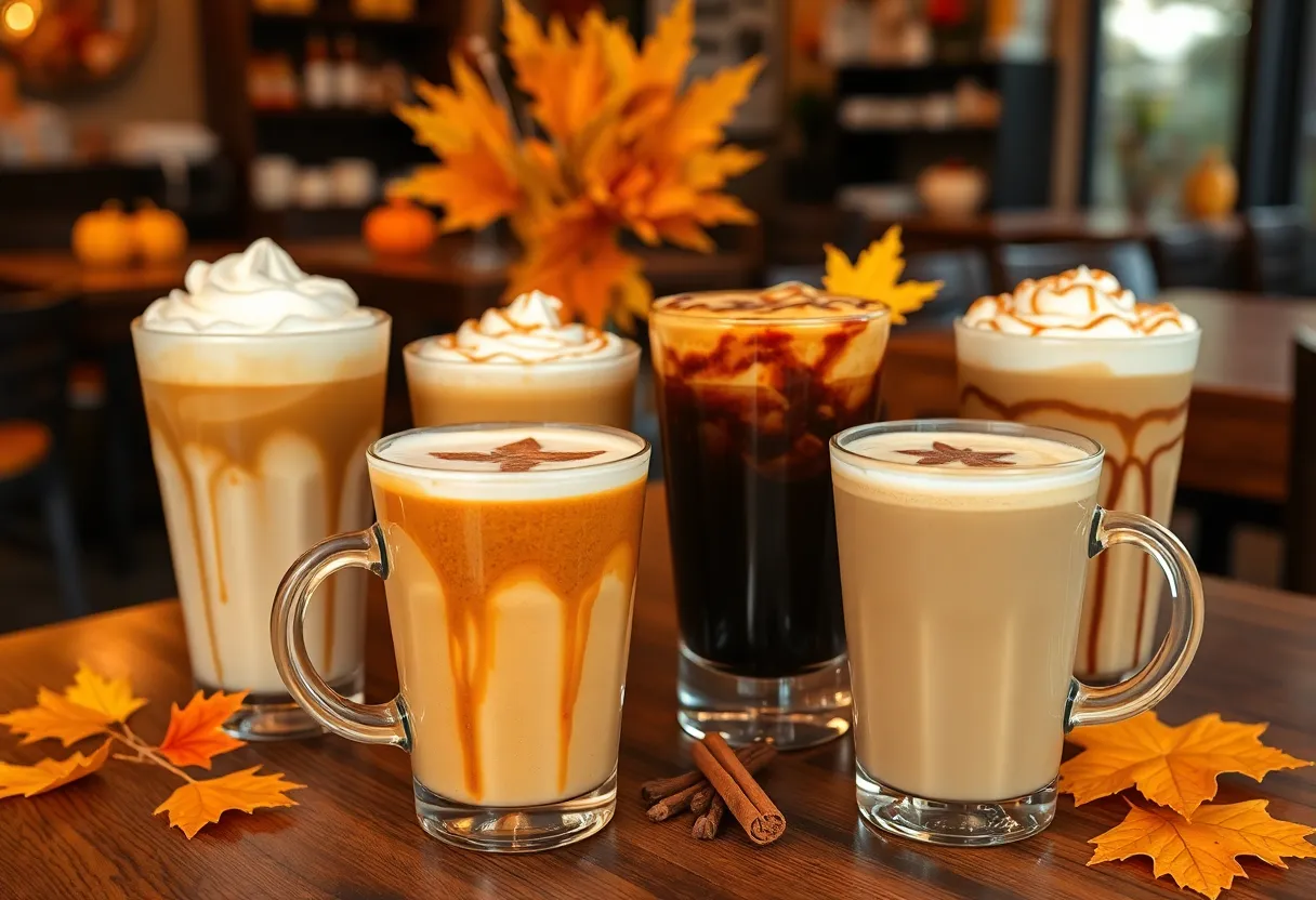 A table filled with fall-themed coffee drinks from San Diego coffee shops.