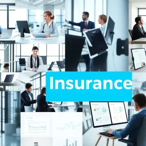Representation of the insurance industry undergoing changes, with visuals of technology and client interaction.