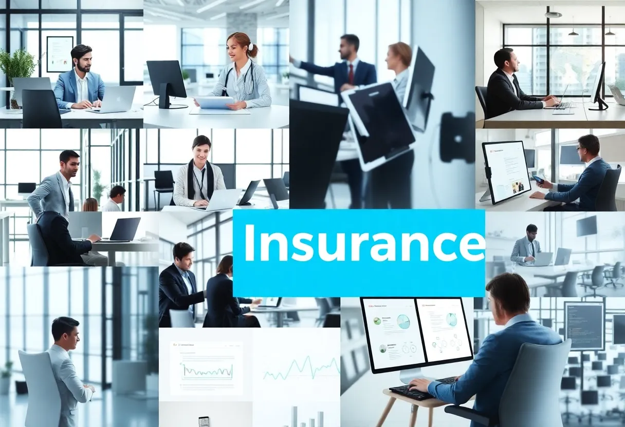 Representation of the insurance industry undergoing changes, with visuals of technology and client interaction.