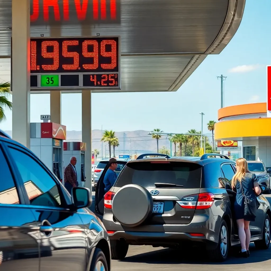 Vehicles refueling at a gas station with high prices in California.
