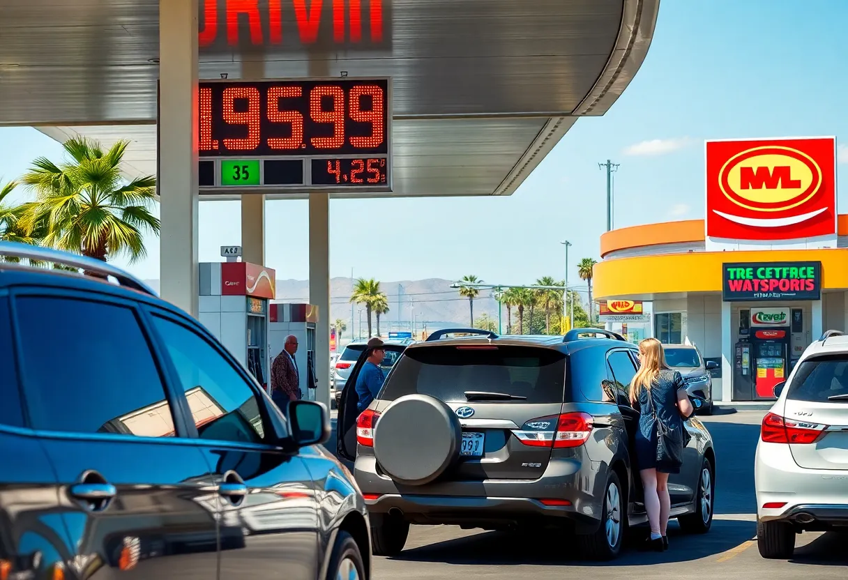 Vehicles refueling at a gas station with high prices in California.
