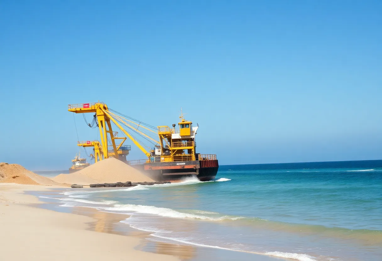 Ocean-going hopper dredge working on beach replenishment