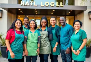 A diverse group of hospitality workers proudly posing outside a San Diego hotel.