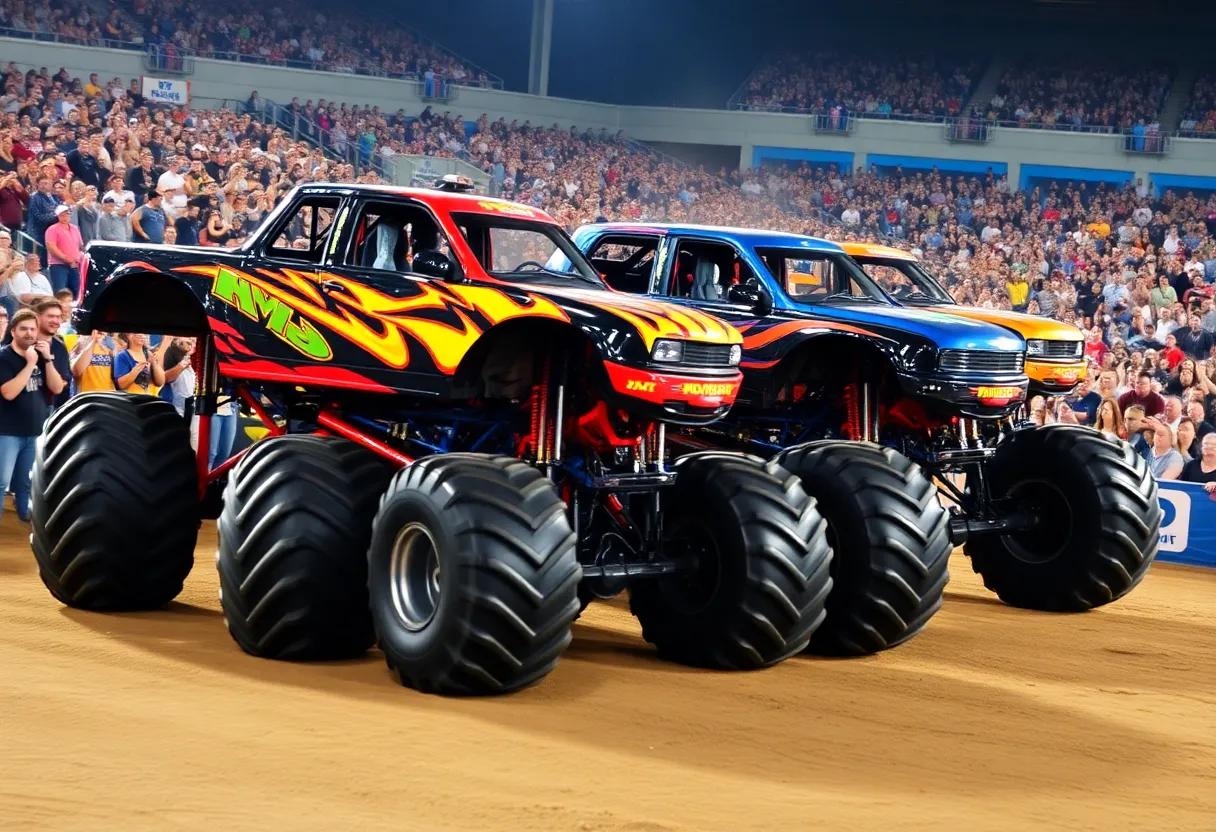 Hot Wheels Monster Trucks performing at the Glow-N-Fire show in San Diego