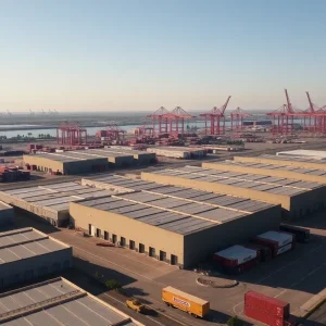 Aerial view of industrial warehouses and shipping containers near Los Angeles ports.