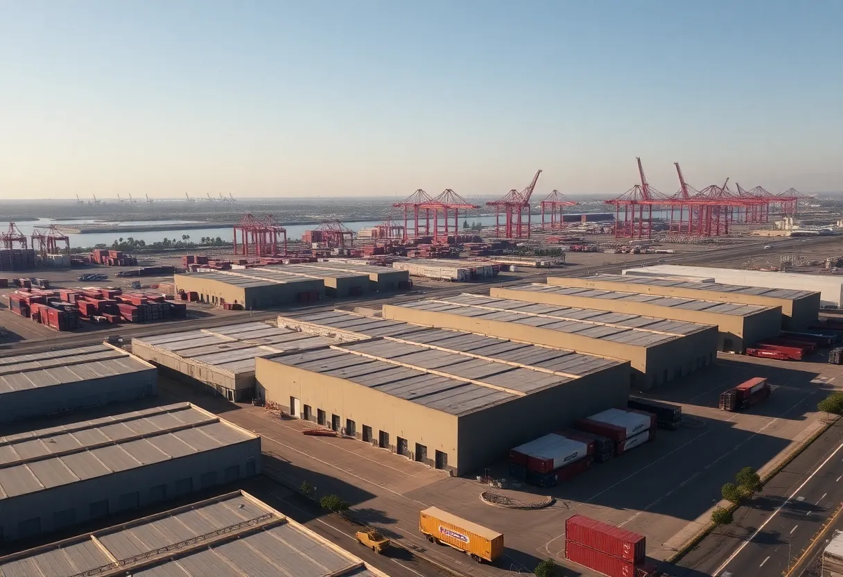 Aerial view of industrial warehouses and shipping containers near Los Angeles ports.
