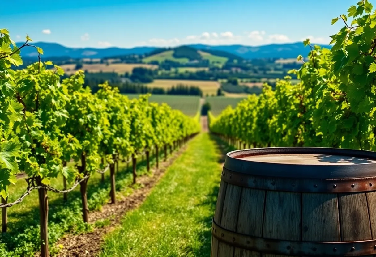 A scenic view of Iris Vineyards in the South Willamette Valley, Oregon, showcasing grapevines and natural landscape.