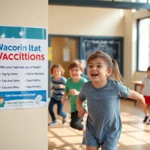 Children playing in a school with vaccination awareness poster