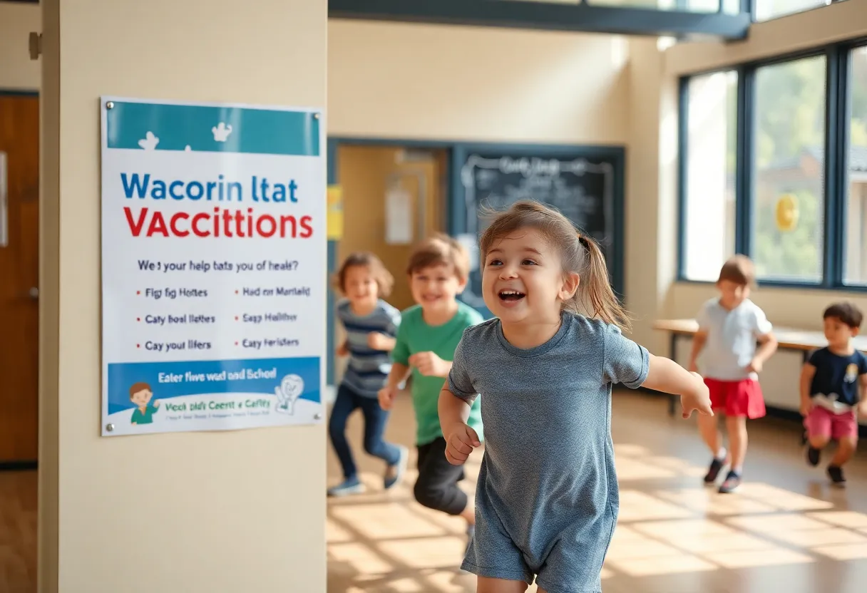 Children playing in a school with vaccination awareness poster