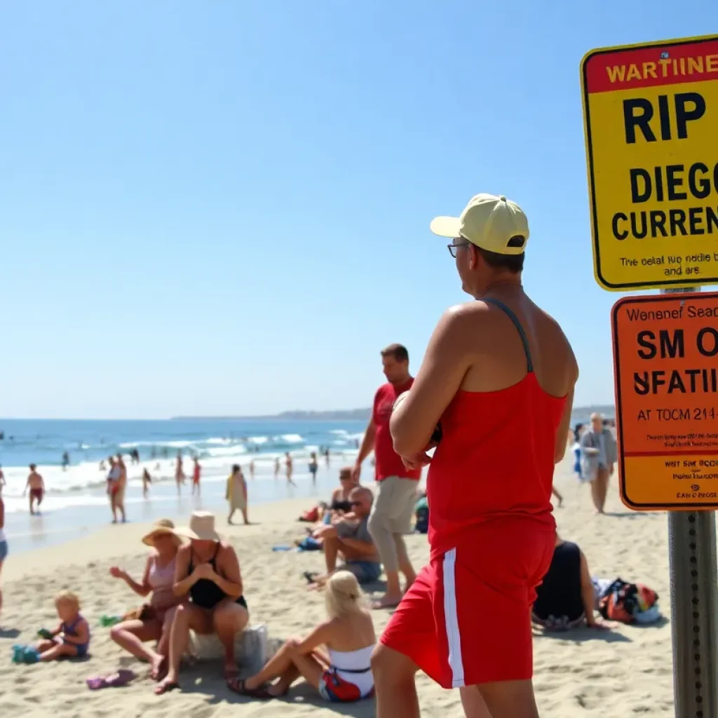 Beachgoers enjoying Labor Day in San Diego with lifeguards patrolling