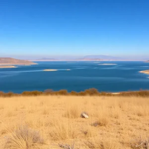 Low water levels at Lake Hodges with surrounding dry areas