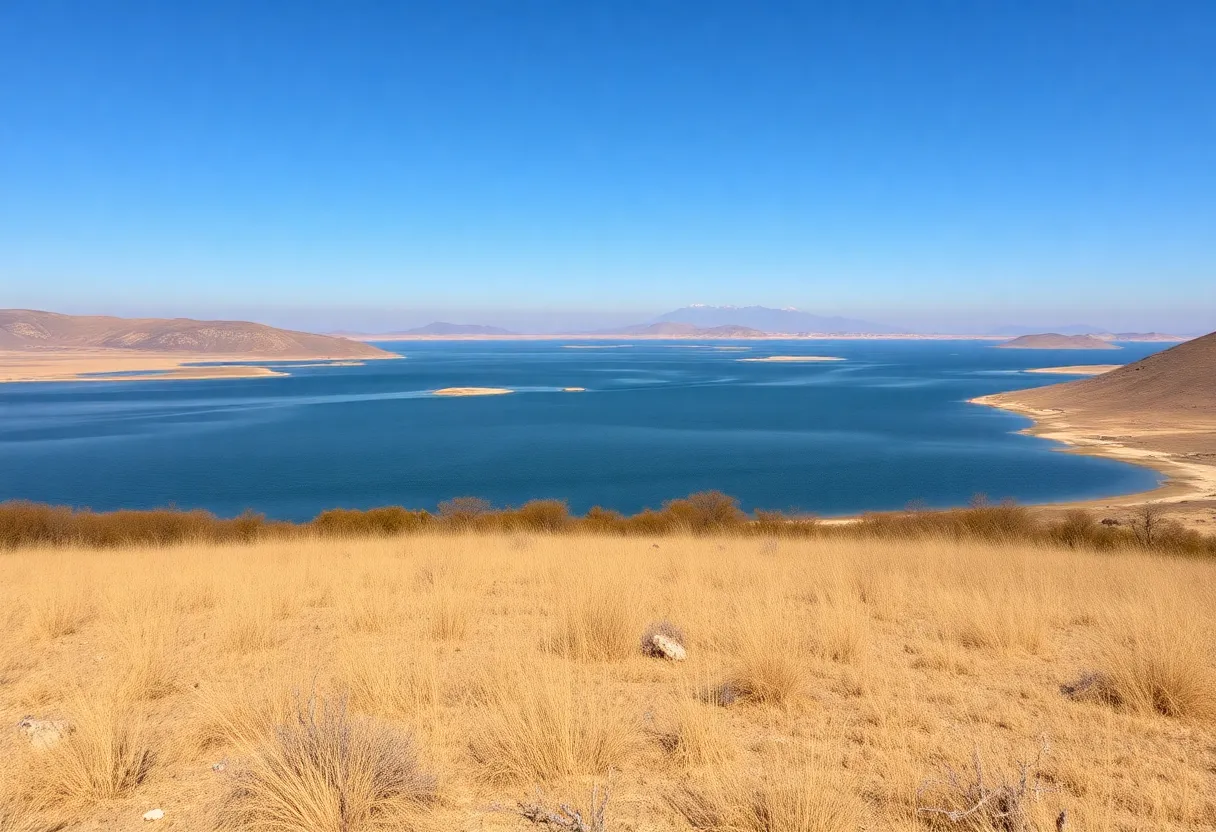Low water levels at Lake Hodges with surrounding dry areas