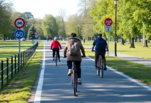 Cyclists riding on a bike path beside Lake Murray