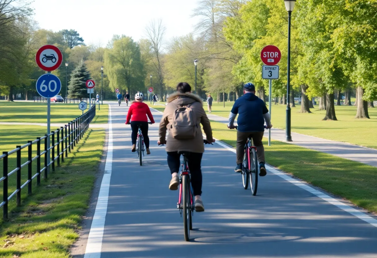 Cyclists riding on a bike path beside Lake Murray