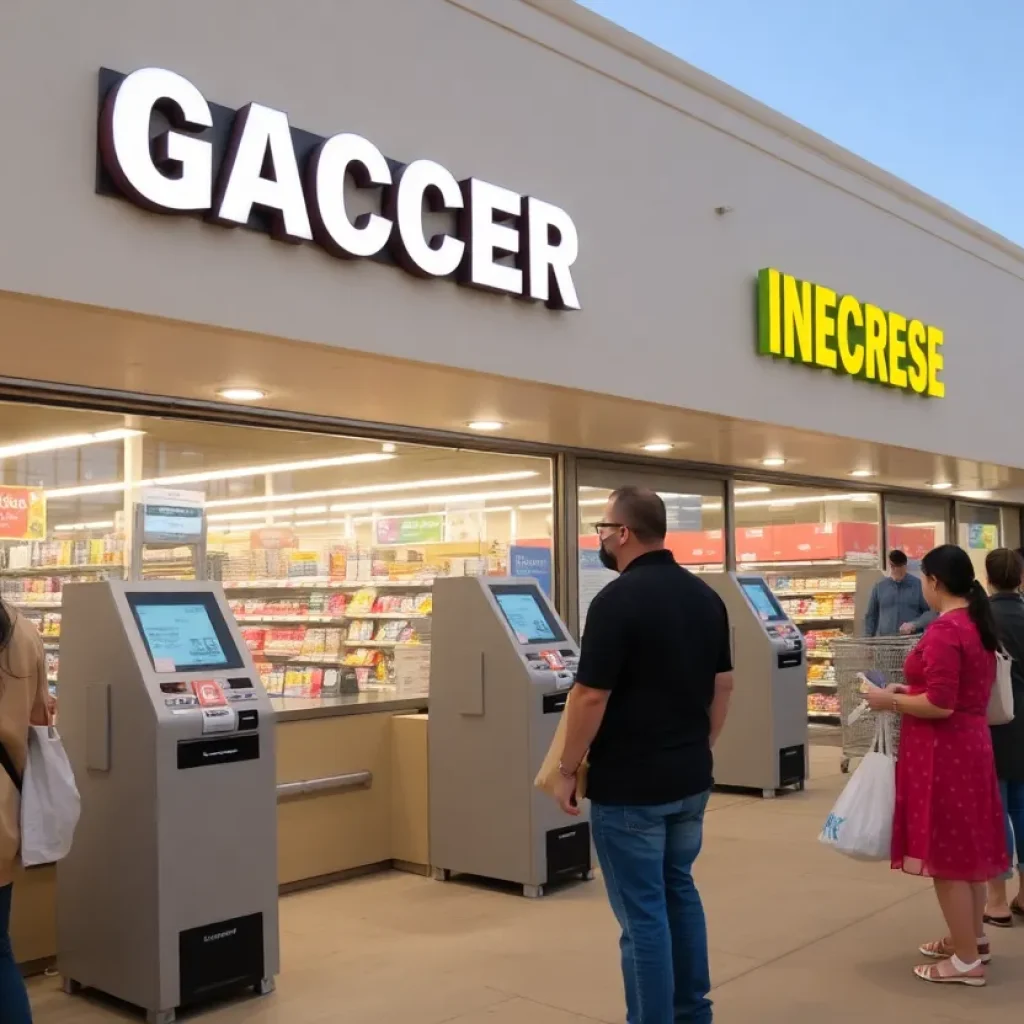 Grocery store self-checkout stations supervised by staff in Long Beach