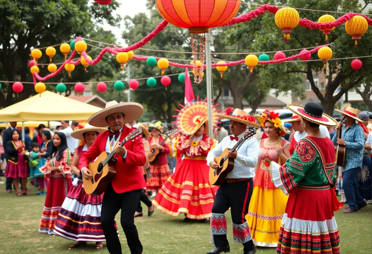 Celebration of Mexican Independence Day with traditional dancers and decorations