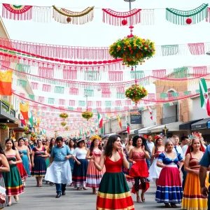 Celebration of Mexico Independence Day in San Diego with traditional dresses and decorations.