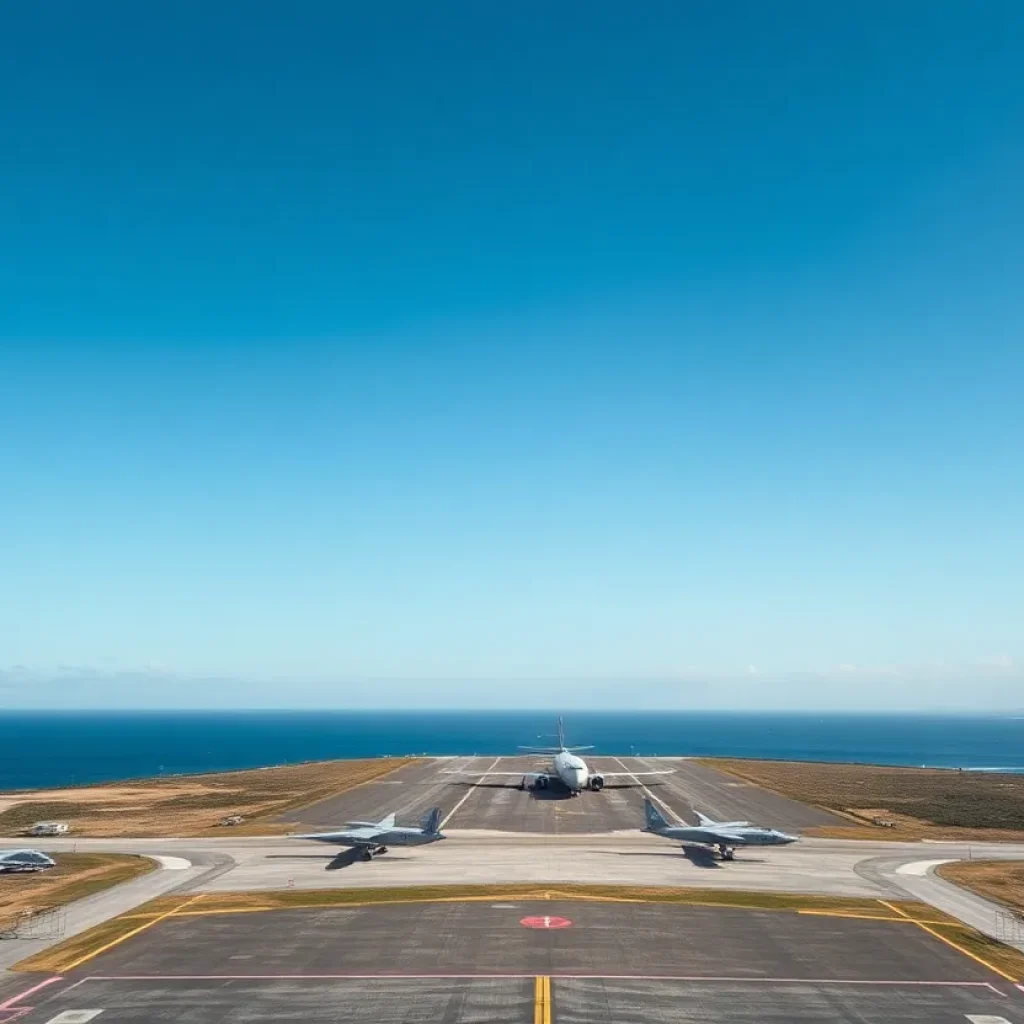 A coastal military airstrip emphasizing security measures.