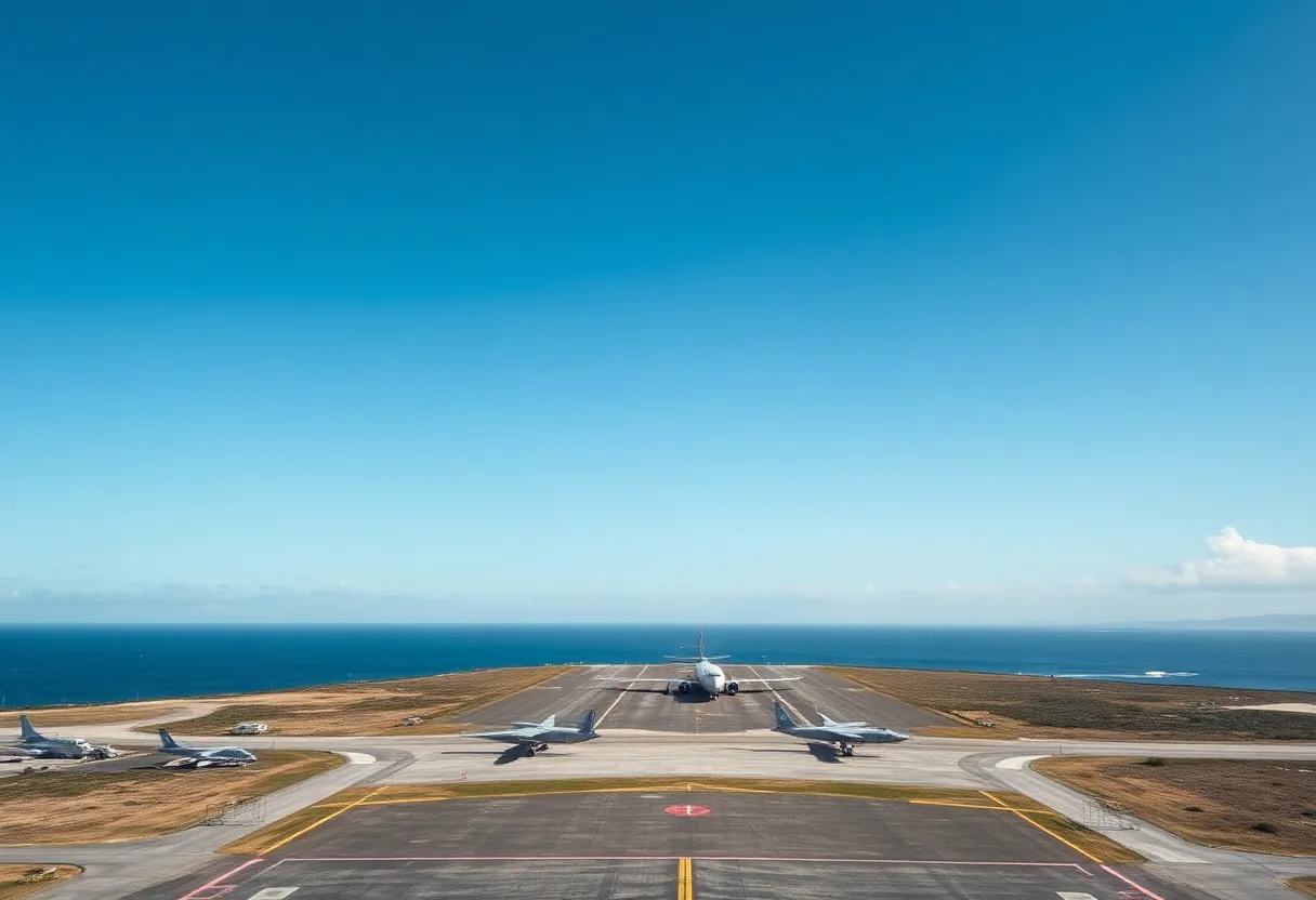 A coastal military airstrip emphasizing security measures.