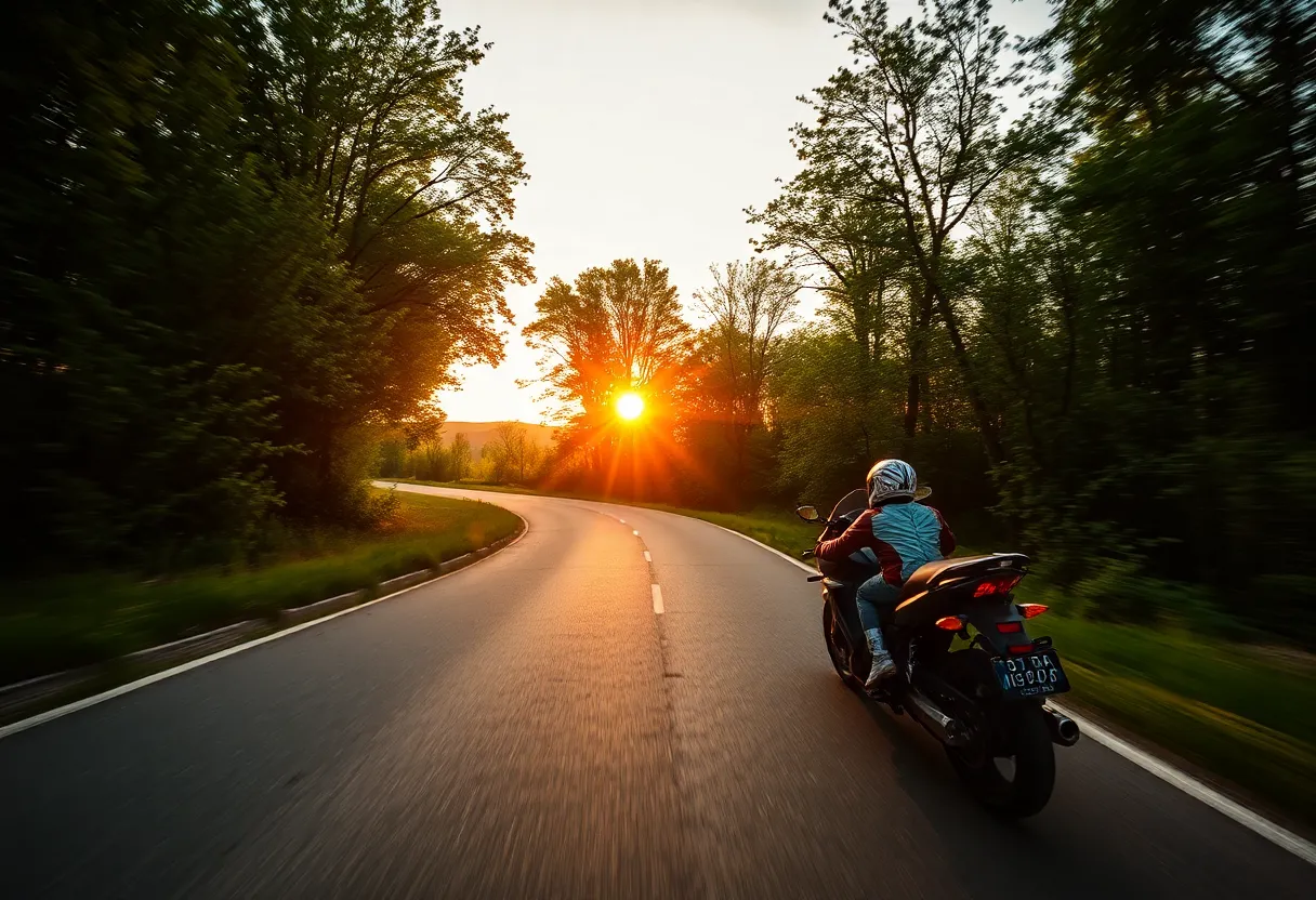 A winding road surrounded by trees at sunset, representing motorcycle safety.