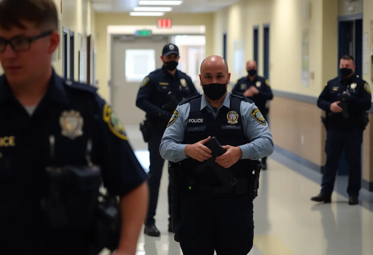 Police officers on school campus during lockdown