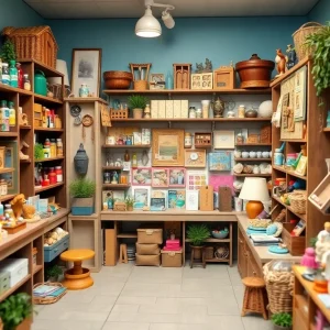 Inside view of a miniature supply store filled with dollhouse items.