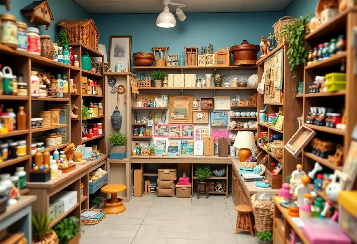 Inside view of a miniature supply store filled with dollhouse items.