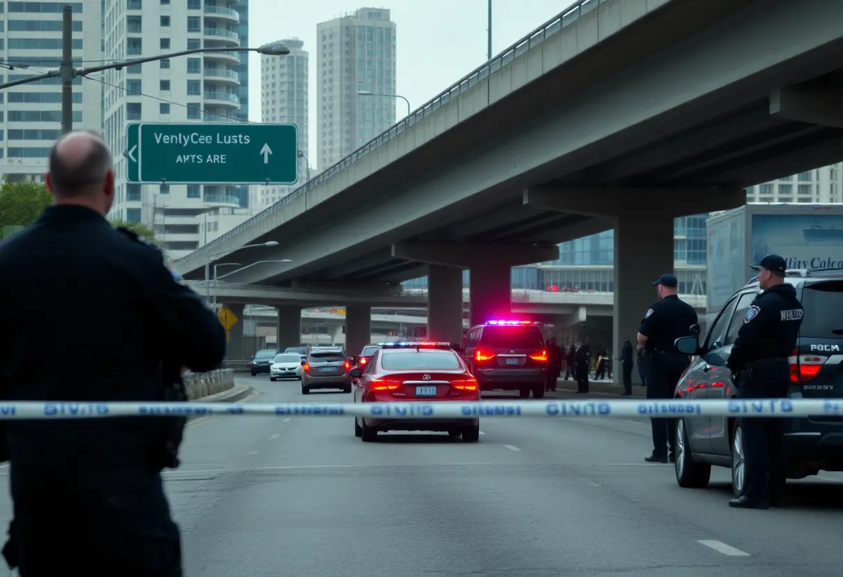 Police investigation scene under freeway overpass in National City