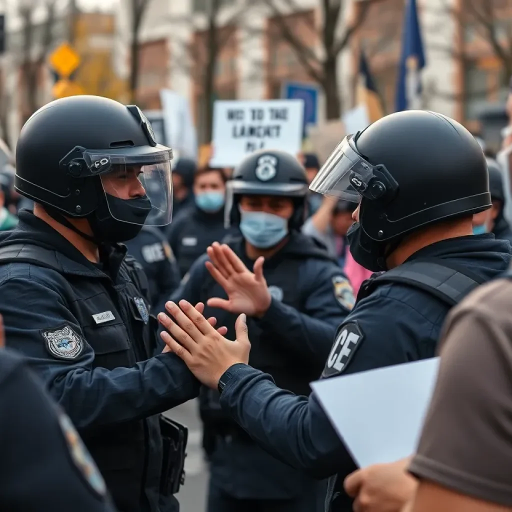 Police officers interacting with civilians during a peaceful demonstration