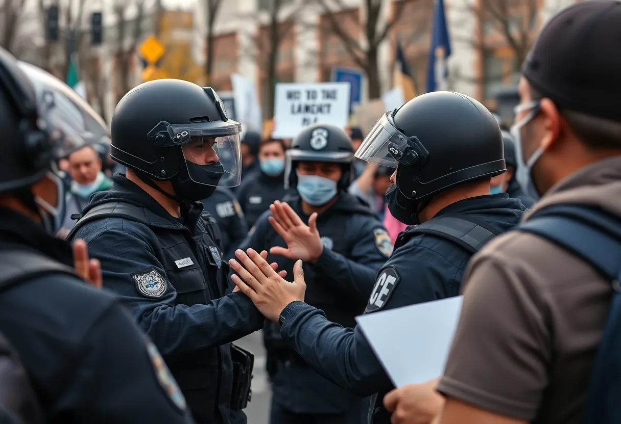 Police officers interacting with civilians during a peaceful demonstration