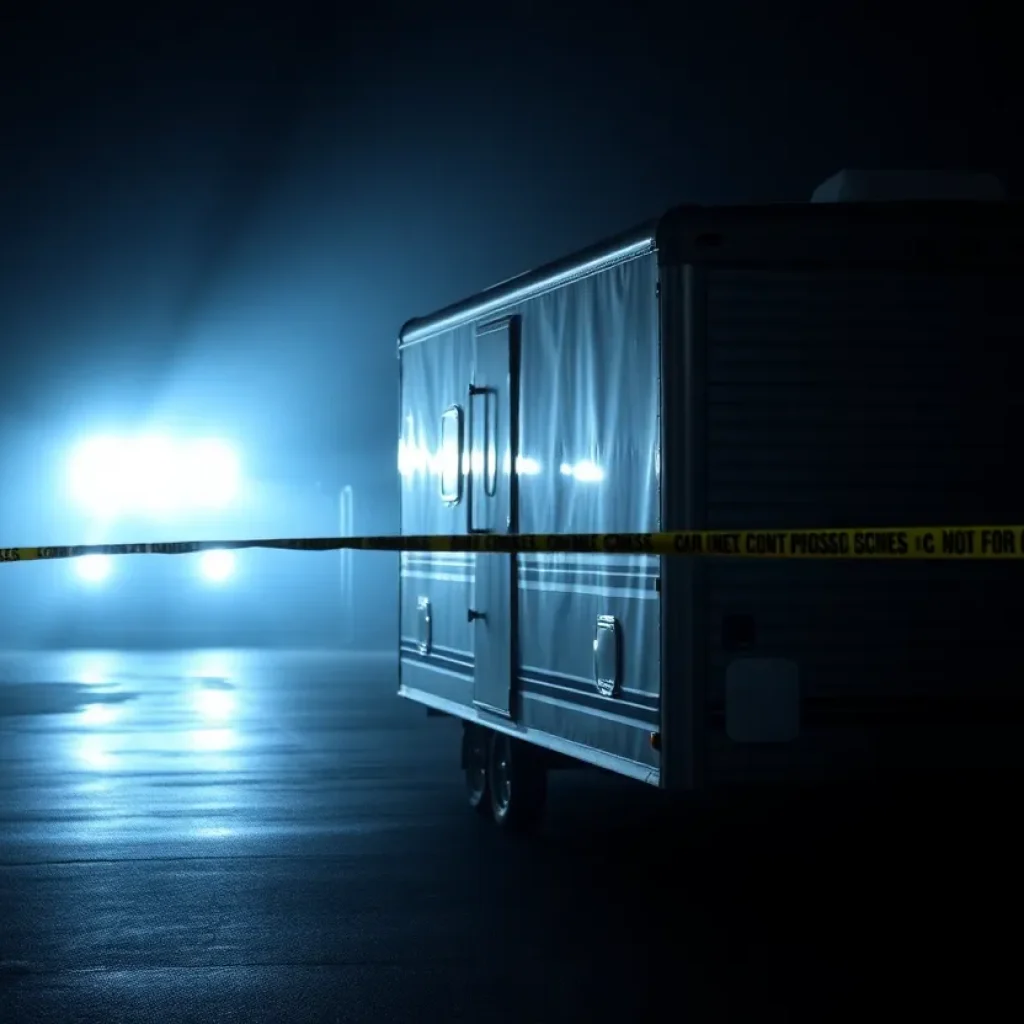 Police car at a crime scene with yellow tape and trailers