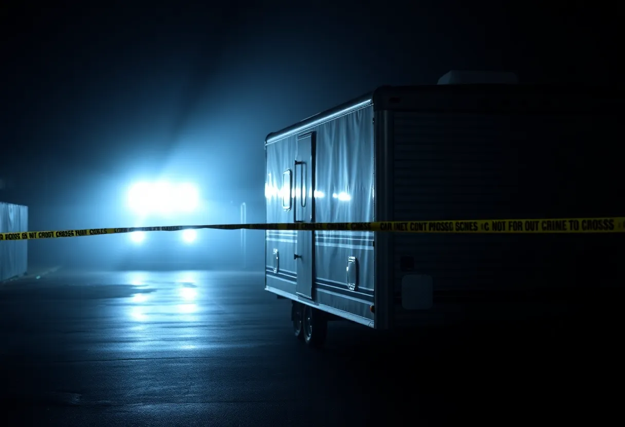 Police car at a crime scene with yellow tape and trailers