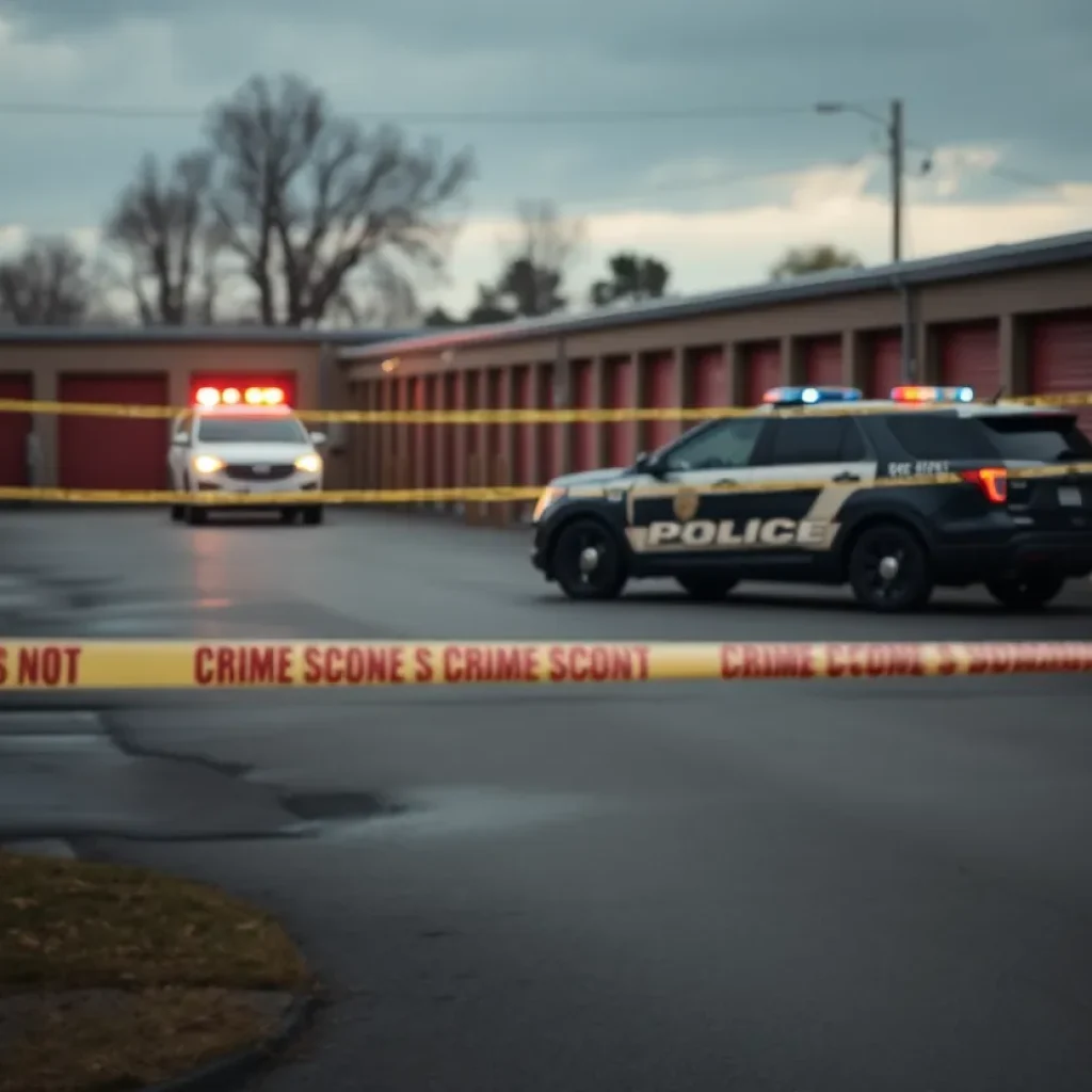 Police vehicles and crime scene tape at a storage lot investigation