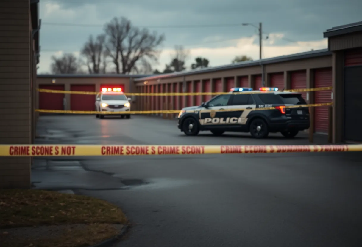 Police vehicles and crime scene tape at a storage lot investigation