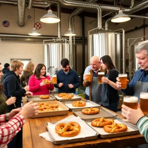 Participants engaged in a pretzel making workshop at a brewery