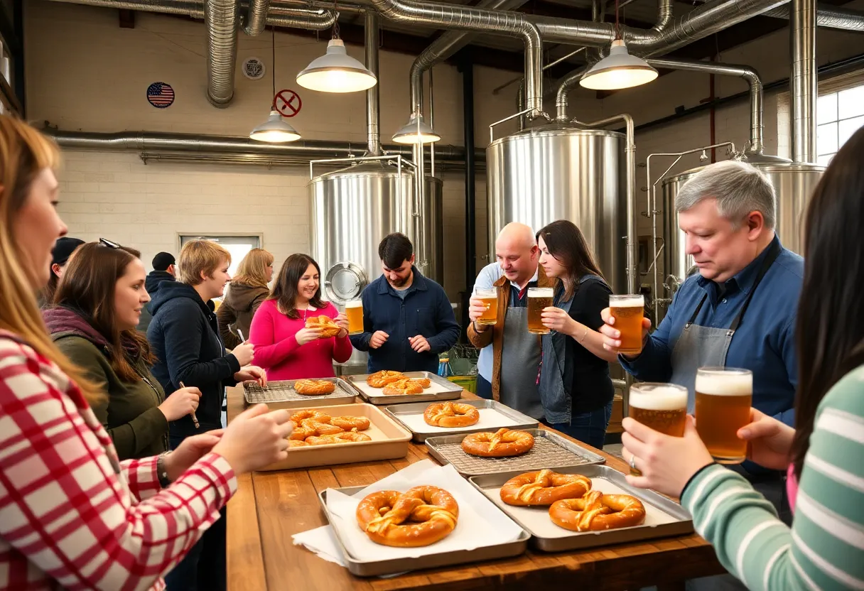 Participants engaged in a pretzel making workshop at a brewery
