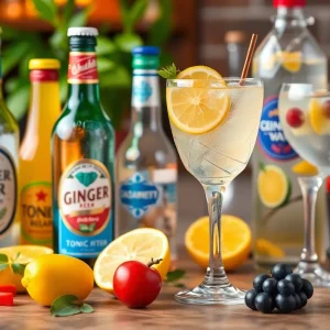A collection of Q MIXERS premium mixers in a cocktail setting.