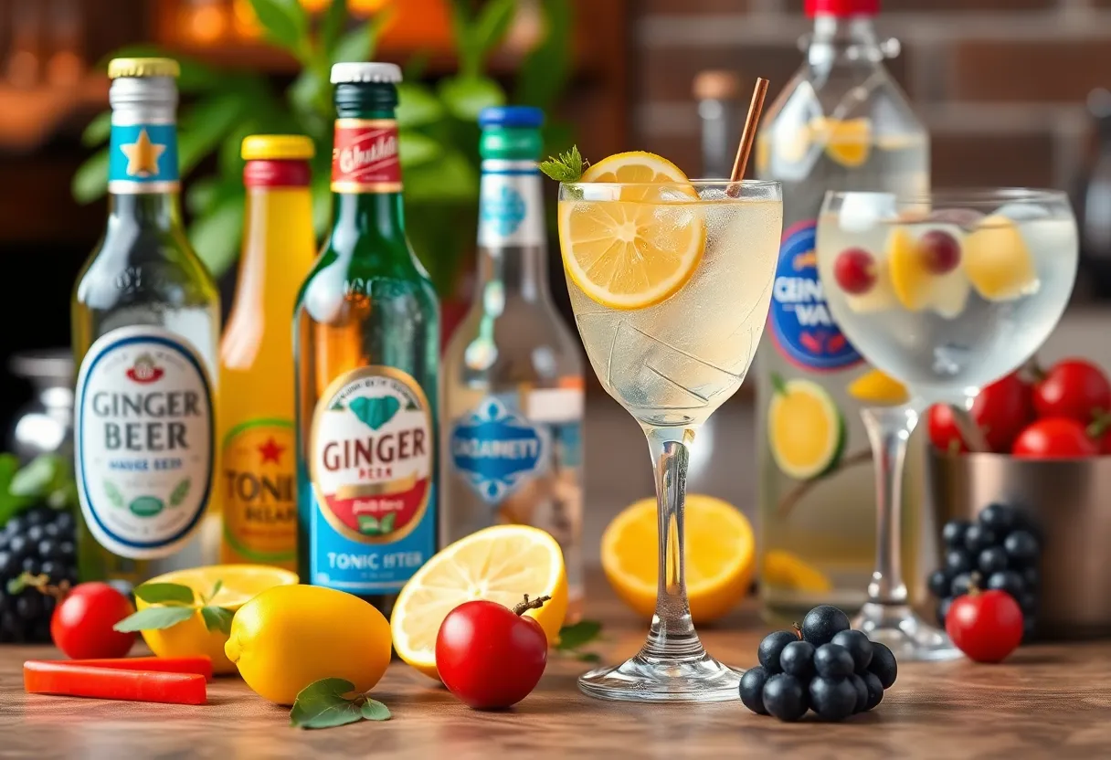A collection of Q MIXERS premium mixers in a cocktail setting.