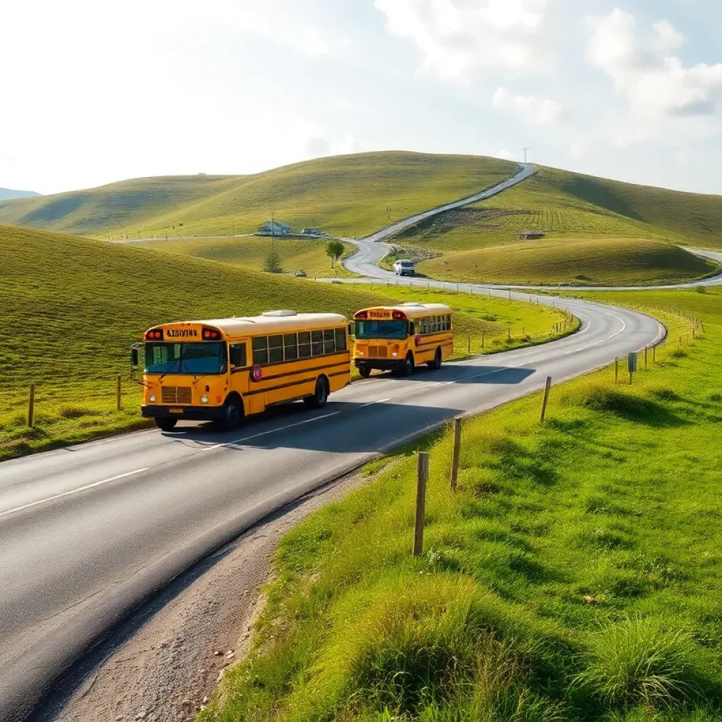 A rural school bus navigating a scenic yet challenging terrain