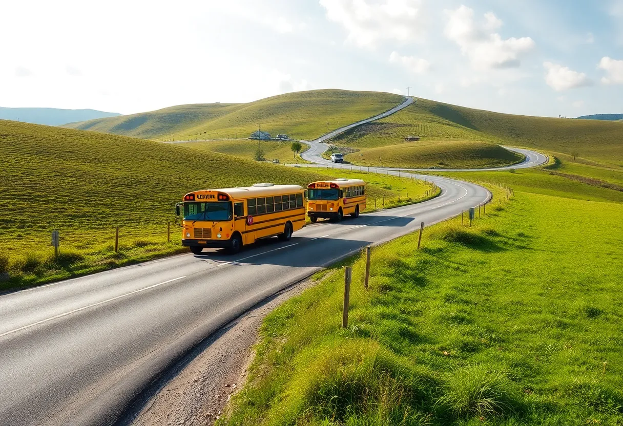 A rural school bus navigating a scenic yet challenging terrain