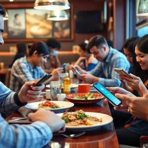 Customers using phones for cryptocurrency payments at a restaurant