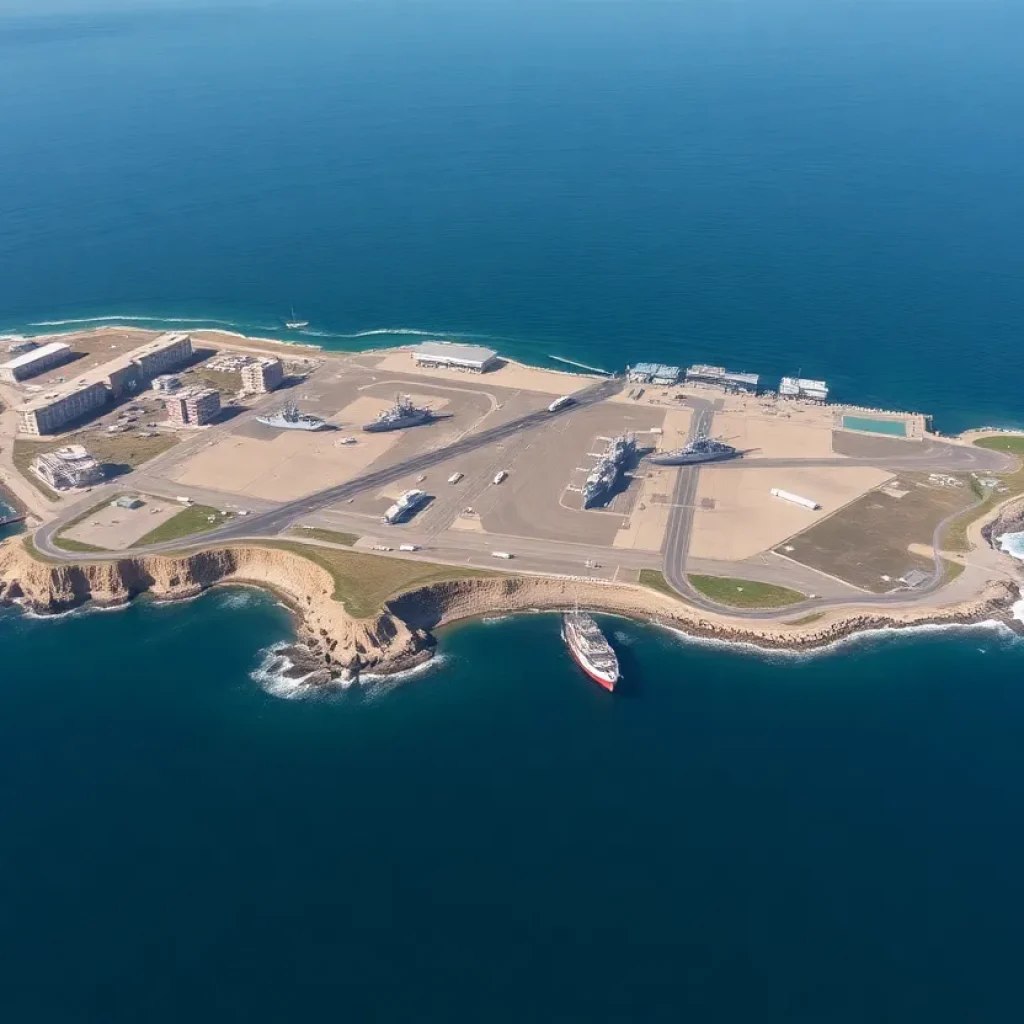 Aerial view of San Clemente Island highlighting military installations.