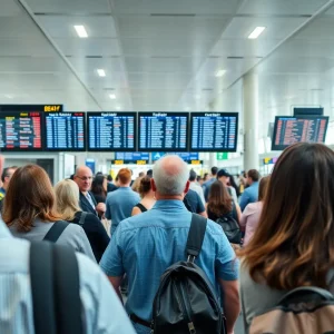 Passengers at San Diego International Airport during an incident causing flight delays.