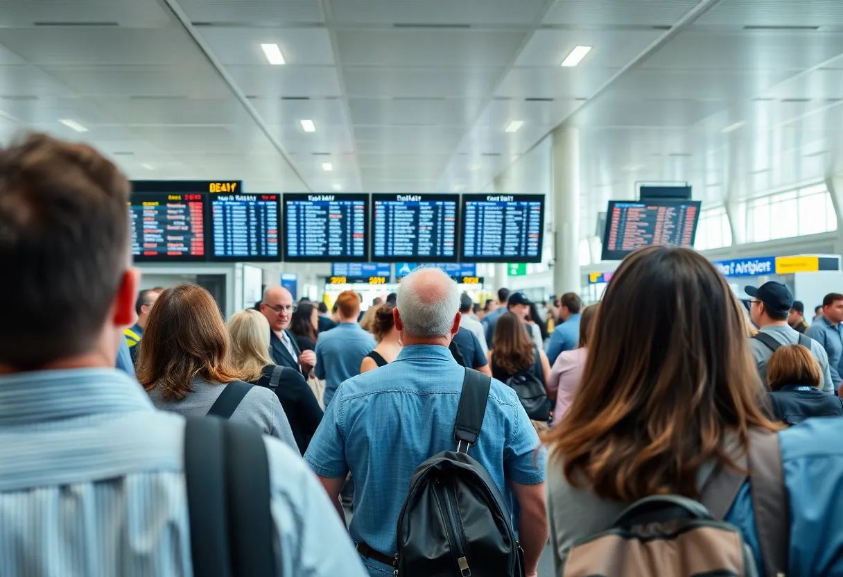 Passengers at San Diego International Airport during an incident causing flight delays.